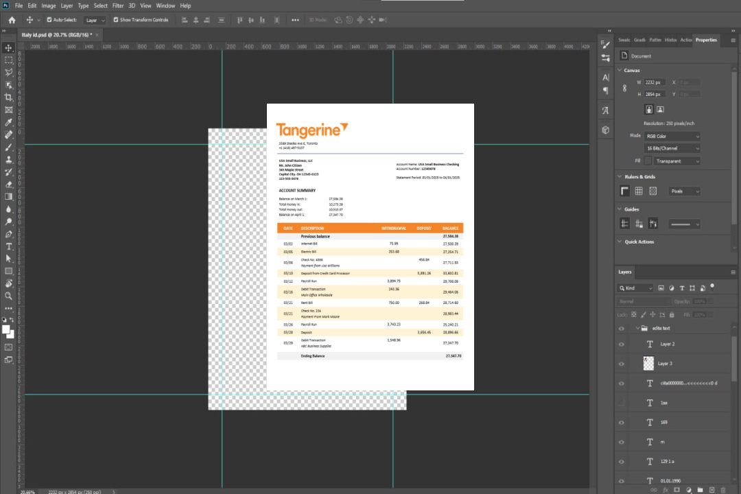 Relevé bancaire d'entreprise Tangerine Format Word et PDF template